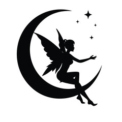Silhouetted fairy sitting on crescent moon depicted in bold silhouette on white background