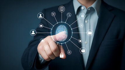 Person touching digital fingerprint network isolated on a transparent background