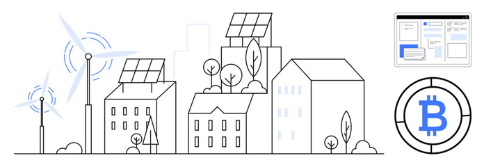 Buildings with solar panels, wind turbines, and trees signify eco-friendly energy. Blockchain technology and digital platform symbolize tech innovation. Ideal for sustainability, technology, urban