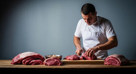 A male butcher in a white apron working on a large piece of raw red meat on a wooden chopping board, with various other cuts of meat displayed, showcasing traditional butchery.