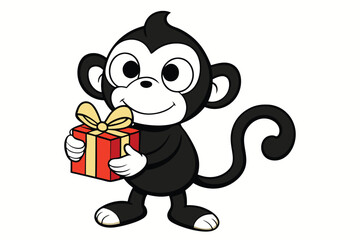 Animated monkey smiles and proudly holds a bright red gift box with golden bow