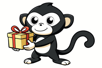 Animated monkey smiles cheerfully holding a present adorned with red ribbon, isolated on white