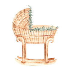 Watercolor illustration of Baby Cradle from rattan decorated with Eucalyptus. Hand drawn Crib in retro eco style. For newborn greeting or birthday cards, baby shower invitations, gender reveal party.