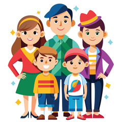 Vector, colorful   family with three children on white background
