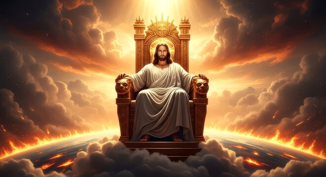  Jesus in white robe sits on golden throne above fiery earth, light rays from sky. Judgment day concept for religious art.  Savior Christ