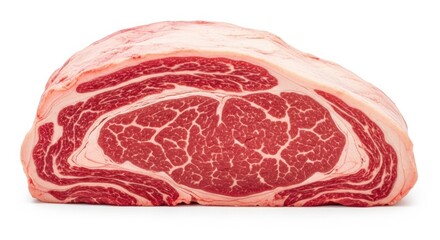 A large, raw, boneless ribeye roast or prime rib, displaying rich red meat with intricate marbling, isolated on a clean white background, ready for gourmet cooking.
