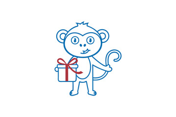 A cute blue outlined monkey is happily holding a gift with a red ribbon