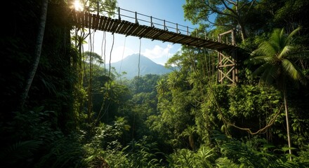 Long wooden suspension bridge over a lush tropical jungle valley with a majestic mountain in the distance. Adventure travel.