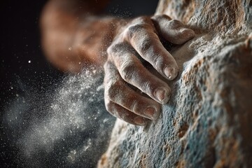A climber's hand presses against a textured rock wall, covered in chalk dust, highlighting the intense focus and effort of the athlete