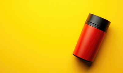 A red container sits on a yellow background