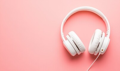 A pair of white headphones on a pink background