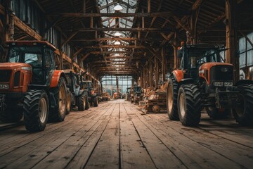 Obraz premium Inside a rustic barn, multiple tractors are neatly arranged along a wooden floor, surrounded by tools and equipment for farming
