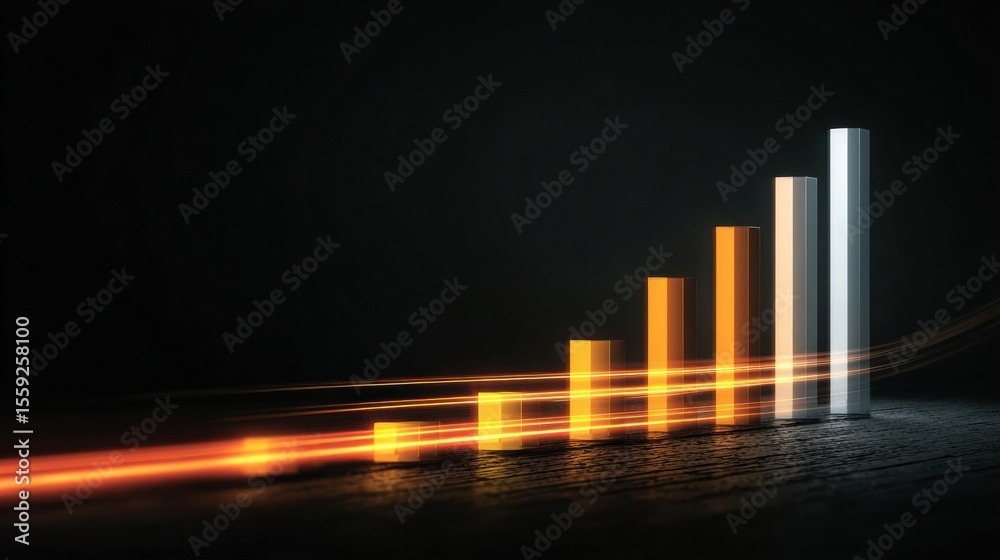Poster stacked bar chart with glowing light trails illustrating growth against a dark neutral background