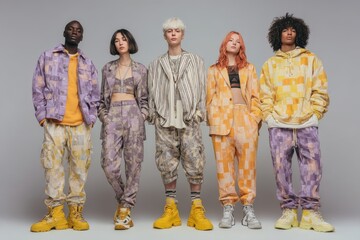 Five diverse individuals wearing vibrant, patterned streetwear stand together, posing confidently in an indoor studio environment