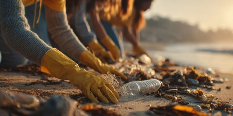 Dedicated Eco-Volunteers Collect Trash on a Sun-Drenched Beach at Sunset, Symbolizing Community Action, Environmental Stewardship, and a Collective Commitment to Ocean Conservation