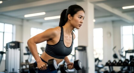 A strong asian woman performing dumbbell rows in a gym. Fitness workout for strength and healthy lifestyle concept.