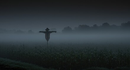 Spooky scarecrow in a dark, misty corn field on a cloudy night, evoking a scary, eerie, scary scene for Halloween.