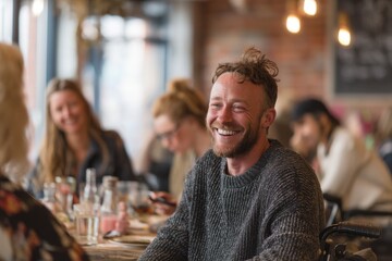 A man with a joyful expression engages with friends in a relaxed atmosphere, sharing laughter and stories at a local cafe