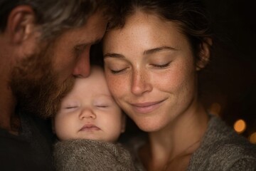 Couple lovingly cradles their sleeping baby, sharing a quiet, tender moment in a cozy, softly lit environment that radiates warmth
