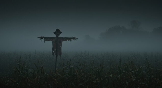 A silhouette of a creepy scarecrow stands in a corn field in thick fog during spooky Halloween season. - Powered by Adobe