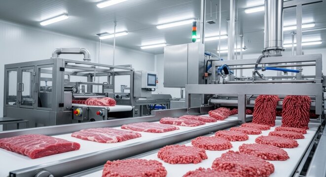 A wide shot of a modern, sterile meat processing plant interior, with various raw meat products, including steaks and ground meat patties, moving on conveyor belts, illustrating industrial production