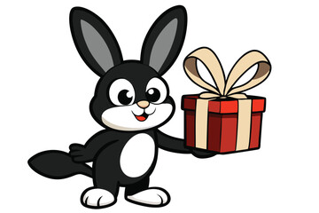 Animated black rabbit joyfully presents a red and beige striped gift box with a bow
