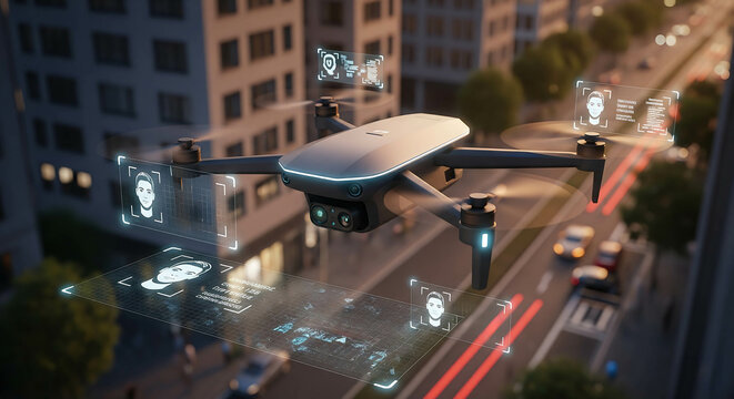 Futuristic drone surveillance technology cityscape aerial view facial recognition data analysis modern dark tone