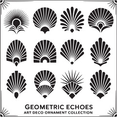 Collection of twelve art deco style fan ornaments in black and white with border design elements
