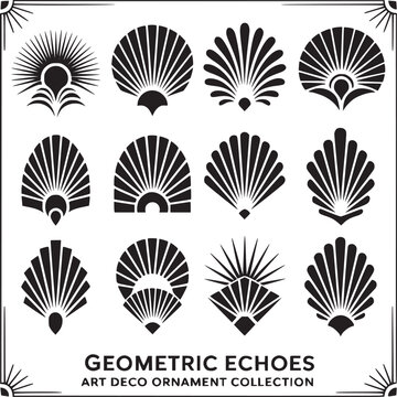 Collection of twelve art deco style fan ornaments in black and white with border design elements