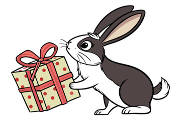 An adorable bunny carrying a birthday gift with a red ribbon celebrates happily
