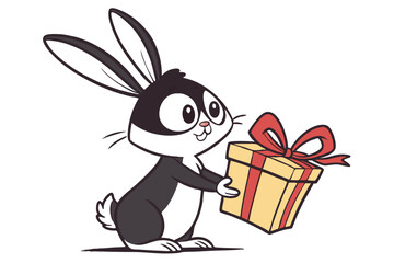 Animated cartoon bunny happily carries a present with red ribbons and bow adorably