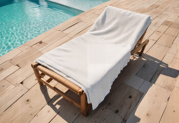 Blank white towel mockup on lounger near pool, ai generated