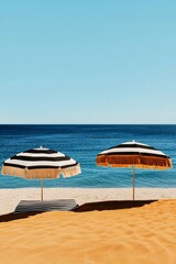 Obraz premium Bright Beach Umbrellas Shade Sunbathers on a Tranquil Beach Near Clear Blue Water