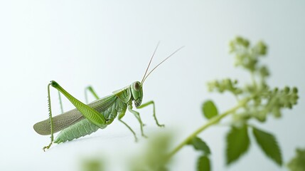 Fototapeta premium Close-up of a green grasshopper on a light background