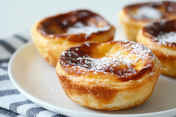 Traditional Portuguese pastel de nata with flaky golden crust and creamy custard filling. Iconic Lisbon bakery dessert with caramelized top.