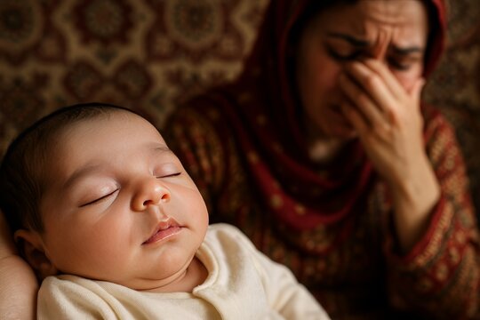 Postpartum depression.Sleeping baby in foreground, distressed mother in background. Family struggling with postpartum depression.