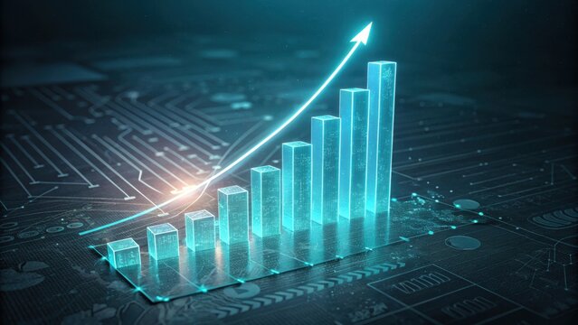 Digital bar chart shows upward trend on futuristic circuit board background