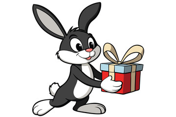Animated rabbit with black fur joyfully carries a colorful, beautifully wrapped present box
