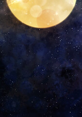 Fototapeta premium 手描き素材 上側で見切れる月と煌めく夜空の雰囲気 抽象背景イラスト
