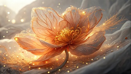 Ethereal golden flower illuminated by soft light and glittering particles