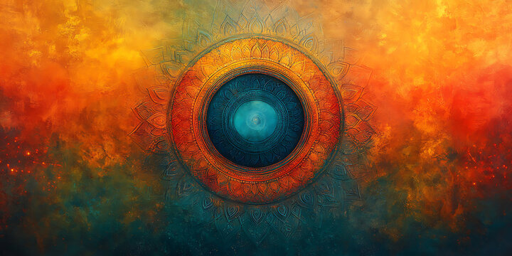 Artistic mandala design with warm orange and cool blue tones mystical decorative pattern background - Powered by Adobe