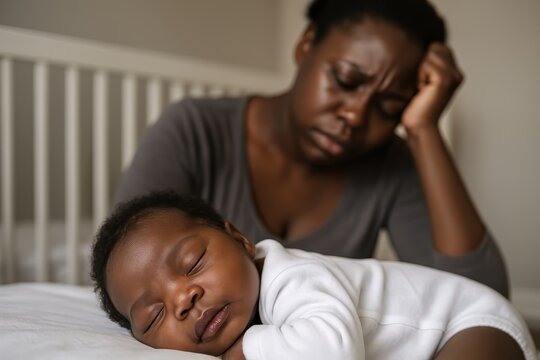 Exhausted African American mother struggles with parenthood. Sleeping baby lies peacefully while mom is overwhelmed. Postpartum depression.