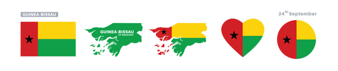 guinea - bissau flag and map set. guinea  bissau flag in official colors and proportions. independence day 24 september, map, circle and heart shaped guinea 