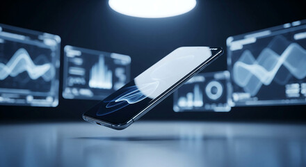 Modern smartphone levitating above glowing data screens showcasing dynamic graphs and charts a futuristic tech concept image depicting innovation progress and digital transformation