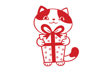 Adorable red and white cartoon cat happily holding a present box, isolated
