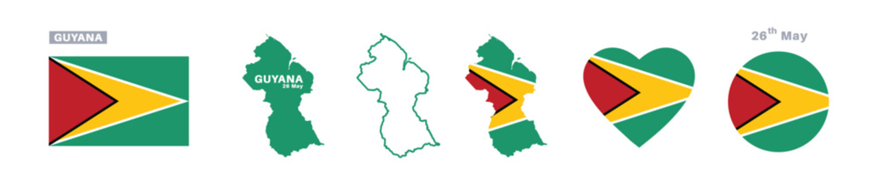 guyana flag and map set. guyana flag in official colors and proportions. independence day 26 may, map, circle and heart shaped guyana 