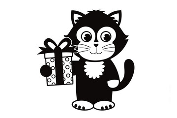 Black and white cartoon cat happily holds a wrapped present in its tiny hands