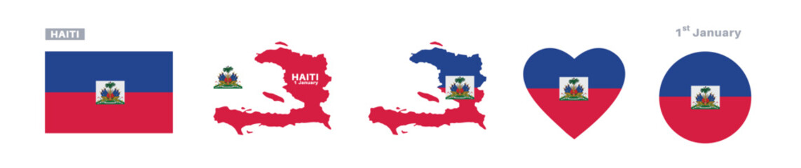 haiti flag and map set. haiti flag in official colors and proportions. independence day 1 january, map, circle and heart shaped haiti 
