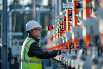 Electrical Substation Engineer Inspecting Modern High-Voltage Equipment