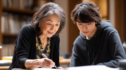 Asian elderly female teaching young male student in library setting